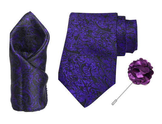 RIZORO Men Paisley Micro Fibre Necktie Gift Set With Pocket Square & Brooch Pin Formal Tie (Turquoise PARTRRS Free Size)