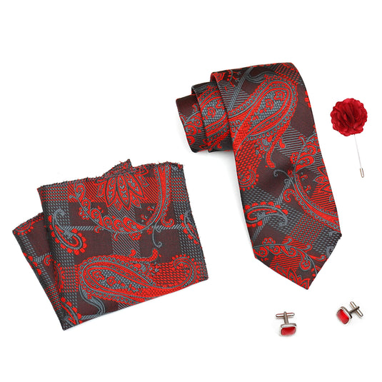RIZORO Mens Plaid Pasiley Silk Necktie Tie Gift Set With Pocket Square, Cufflinks & Brooch Pin Formal Tie With Leatherite Box (AMBI6RB, Free Size)