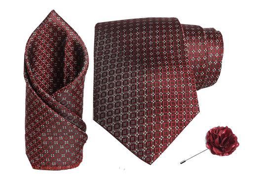 RIZORO Men Dotted Micro Fibre Necktie Gift Set With Pocket Square & Brooch Pin Formal Tie (Black A10BKRS Free Size)