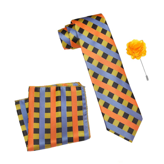 RIZORO Men Stripped Micro Fibre Necktie Gift Set With Pocket Square & Brooch Pin Formal Tie (Yellow STRIPM1YWRS Free Size)