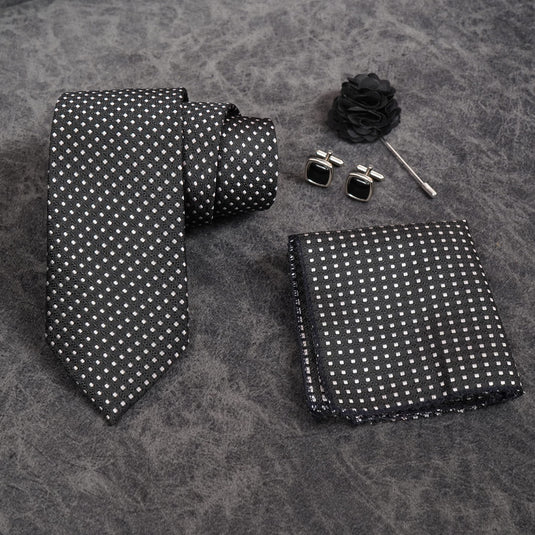 AXLON Mens Plaid Micro Self Silk Necktie Gift Set With Pocket Square Cufflinks & Brooch Pin Formal Tie With Box (SLKP_2, Black)