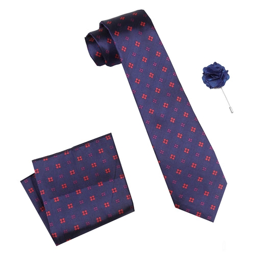 RIZORO Mens Plaid Dotted Silk Necktie Tie Gift Set With Pocket Square & Brooch Pin Formal Tie Set (4D3RS, Free Size)