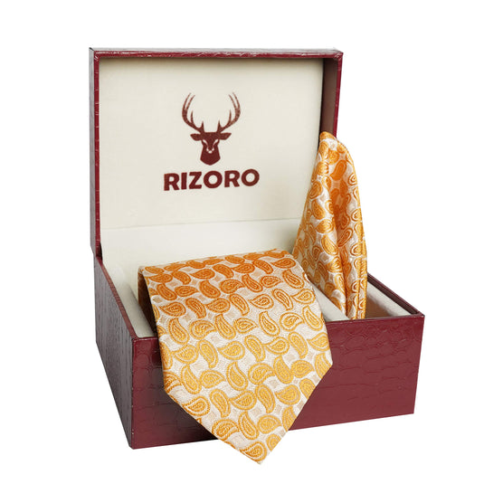 RIZORO Mens Plaid Pasiley Silk Necktie Tie Gift Set With Pocket Square & Brooch Pin Formal Tie Set (AMBICRS, Free Size)