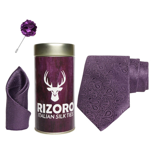 RIZORO Mens Plaid Pasiley Silk Necktie Gift Set With Pocket Square & Brooch Pin Formal Tie Combo (JCRT, Free Size)