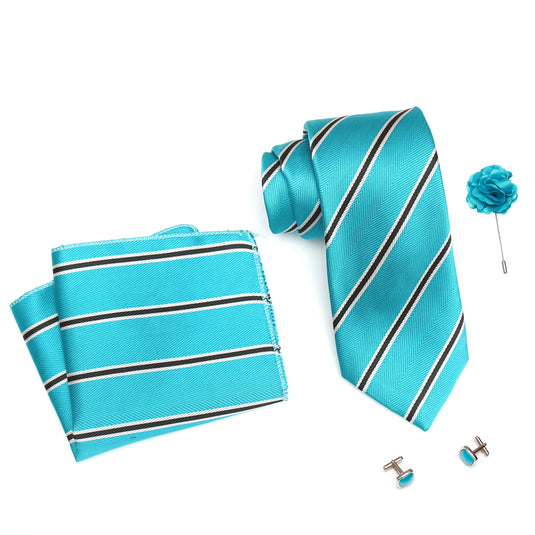 RIZORO Mens Plaid Stripped Silk Necktie Tie Gift Set With Pocket Square, Cufflinks & Brooch Pin Formal Tie With Leatherite Box (STRIPM3RB, Free Size)