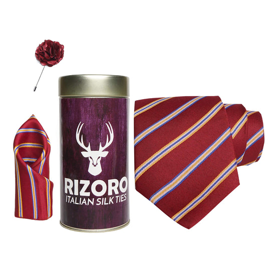 RIZORO Mens Plaid Stripped Silk Necktie Gift Set With Pocket Square & Brooch Pin Formal Tie Combo (S5RT, Free Size)