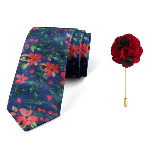 AXLONMen's Micro Polyester Floral Necktie Set with Pocket Square and Brooch Pin (Blue ,Free Size)