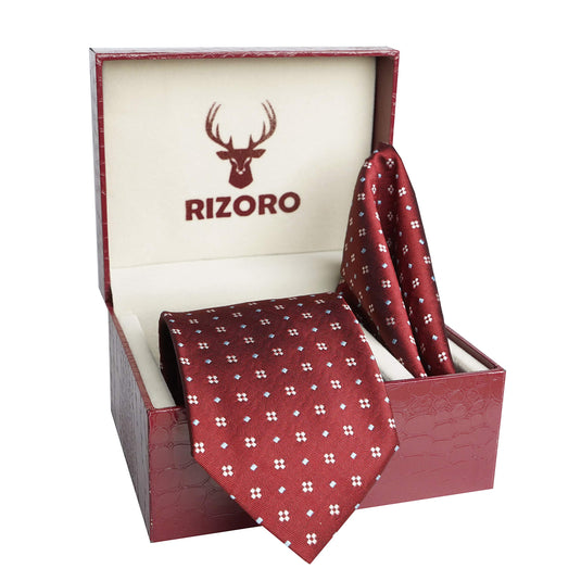 RIZORO Men Dotted Micro Fibre Necktie Gift Set With Pocket Square & Brooch Pin Formal Tie (Blue 4D4BLRS Free Size)