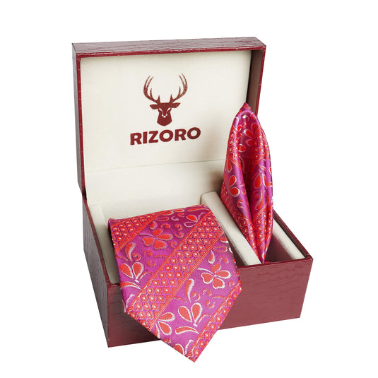 RIZORO Mens Plaid Pasiley Silk Necktie Tie Gift Set With Pocket Square & Brooch Pin Formal Tie Set (AS1RS, Free Size)