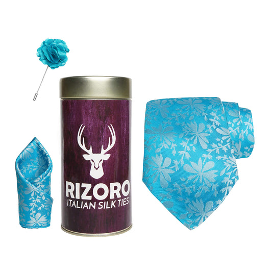 RIZORO Mens Plaid Pasiley Silk Necktie Gift Set With Pocket Square & Brooch Pin Formal Tie Combo (PUNRT, Free Size)