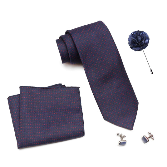 AXLON Men's Cotton Silk Necktie, Pocket Square and Cufflinks Combo (Blue, Free Size)