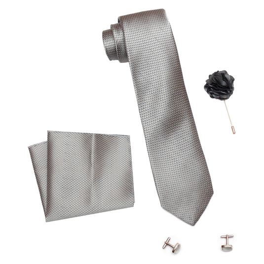 RIZORO Mens Plaid Dotted Silk Necktie Tie Gift Set With Pocket Square, Cufflinks & Brooch Pin Formal Tie With Leatherite Box (A12RB, Free Size)