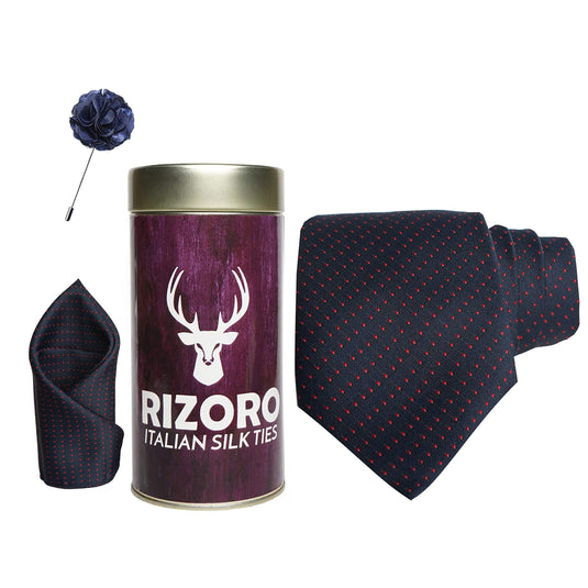 RIZORO Mens Plaid Dotted Silk Necktie Gift Set With Pocket Square & Brooch Pin Formal Tie Combo (D1RT, Free Size)