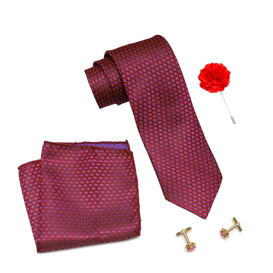 Axlon Men's Micro Polyester Dotted Necktie Set with Pocket Square, Brooch Pin and Cufflinks (Red, Free Size)