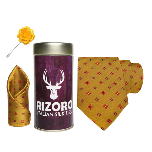 RIZORO Mens Plaid Dotted Silk Necktie Gift Set With Pocket Square & Brooch Pin Formal Tie Combo (4D2RT, Free Size)