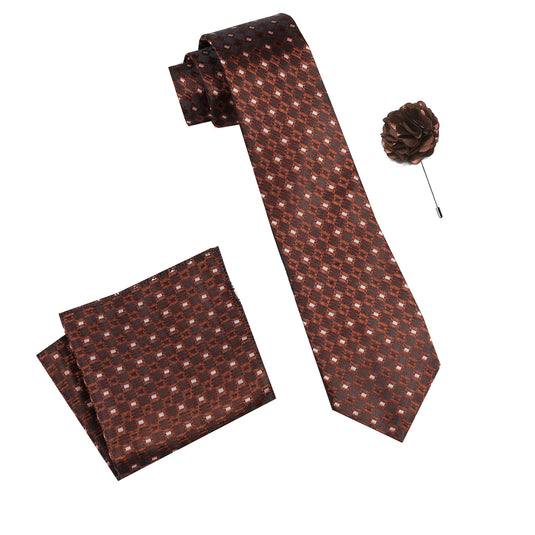 RIZORO Mens Plaid Dotted Silk Necktie Tie Gift Set With Pocket Square & Brooch Pin Formal Tie Set (M2BGRS, Free Size)