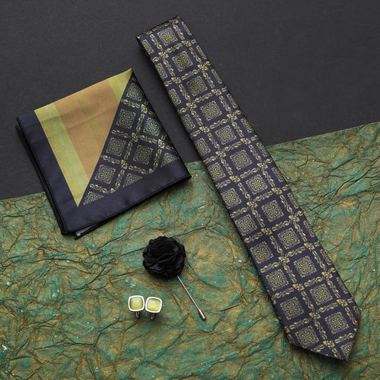 RIZORO Black Green Mens Paisley Micro Print Silk Necktie Gift Set With Pocket Square Cufflinks & Brooch Pin Formal Tie With Wooden Box Free Size | (Wooden Gift Box ) (Pack of 4) (RPL_14)