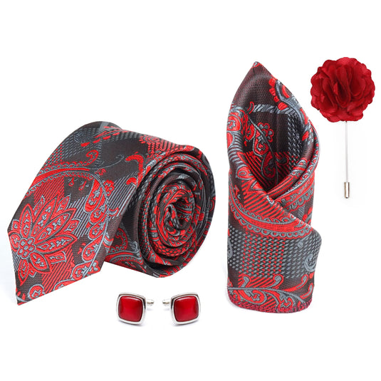 Axlon Mens Plaid Micro Self Silk Necktie Gift Set With Pocket Square Cufflinks & Brooch Pin Tie for Men Formal Tie Set with Box (Pack of 4) (Dark Red, 2022AX_10)