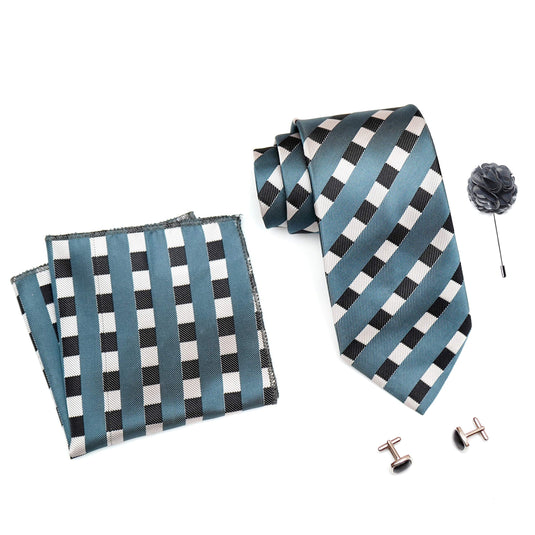 RIZORO Mens Plaid Stripped Silk Necktie Tie Gift Set With Pocket Square, Cufflinks & Brooch Pin Formal Tie With Leatherite Box (STRIPM1RB, Free Size)