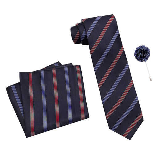 AXLON Men's Micro Polyester Striped Necktie Set with Pocket Square and Brooch Pin (Blue , Free Size)