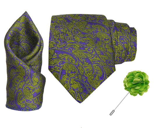 RIZORO Men Paisley Micro Fibre Necktie Gift Set With Pocket Square & Brooch Pin Formal Tie (Turquoise PARTRRS Free Size)