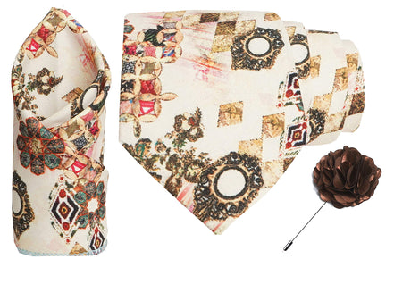RIZORO Men Checkered Micro Fibre Necktie Gift Set With Pocket Square Cufflinks & Brooch Pin Formal Tie (Beige BURBGRB Free Size)