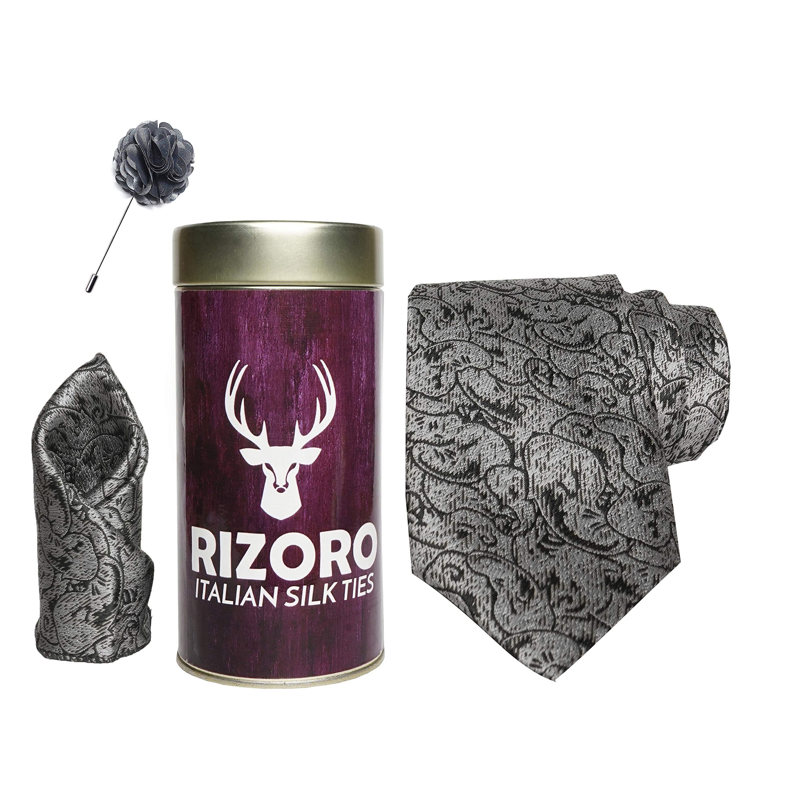 RIZORO Mens Plaid Pasiley Silk Necktie Gift Set With Pocket Square & Brooch Pin Formal Tie Combo (PARRT, Free Size)
