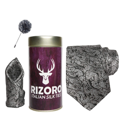 RIZORO Mens Plaid Pasiley Silk Necktie Gift Set With Pocket Square & Brooch Pin Formal Tie Combo (PARRT, Free Size)