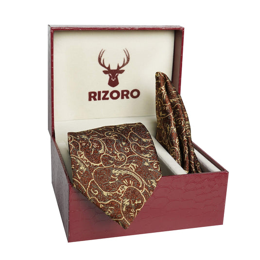 RIZORO Men Paisley Micro Fibre Necktie Gift Set With Pocket Square & Brooch Pin Formal Tie (Turquoise PARTRRS Free Size)