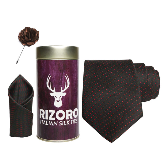 RIZORO Mens Plaid Dotted Silk Necktie Gift Set With Pocket Square & Brooch Pin Formal Tie Combo (D1RT, Free Size)