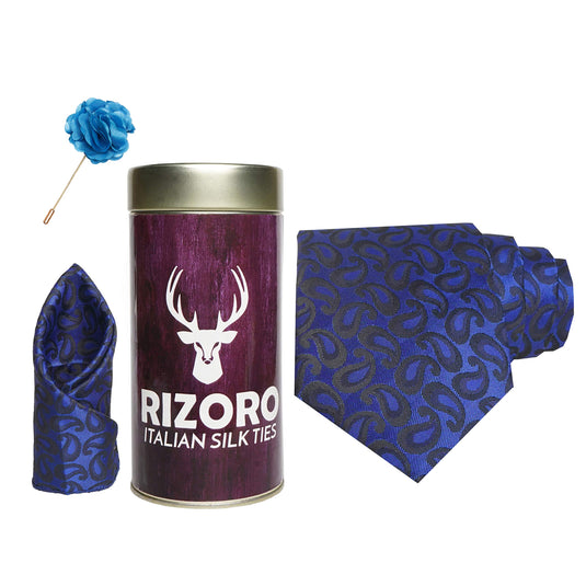 RIZORO Mens Plaid Pasiley Silk Necktie Gift Set With Pocket Square & Brooch Pin Formal Tie Combo (AMBI2RT, Free Size)