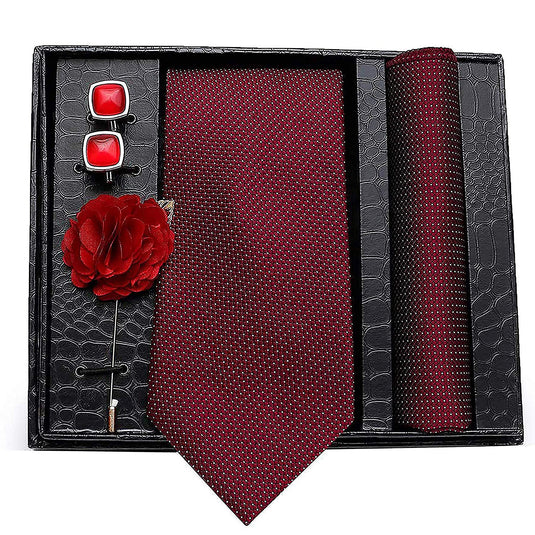 Axlon Men's Micro Polyester Necktie, Pocket Square, Brooch Pin and Cufflinks Combo (Red Maroon, Free Size)