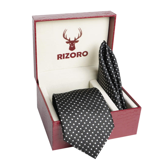 RIZORO Mens Plaid Dotted Silk Necktie Tie Gift Set With Pocket Square & Brooch Pin Formal Tie Set (A11RS, Free Size)