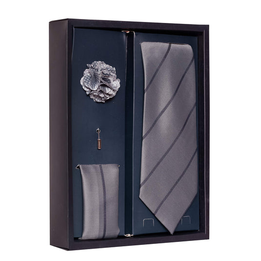 Axlon Men's Polyester Necktie Set, Pocket Square, Brooch Pin and Cufflinks (Free Size, Silver)