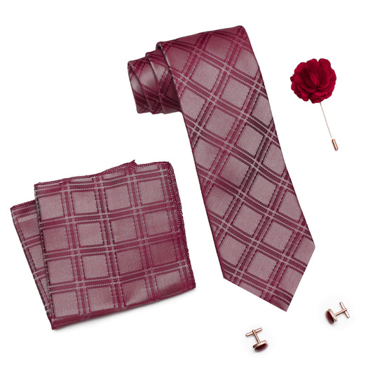 AXLON Formal/Casual Printed Polyester Necktie Set with Pocket Square, Brooch Pin and Cufflinks for Men (Free Size, Magenta)