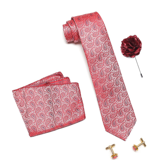 Axlon Men's Micro Polyester Printed Necktie Set with Pocket Square, Brooch Pin and Cufflinks (Red, Free Size)