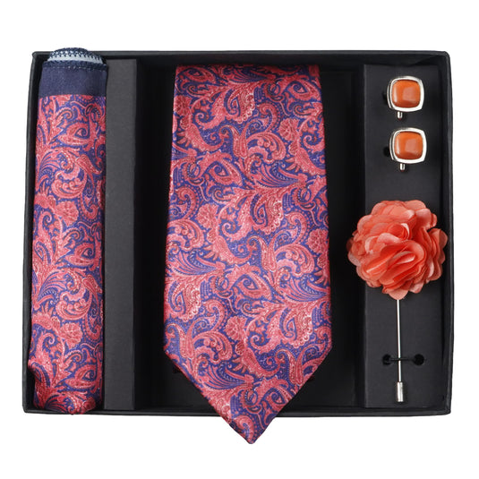 Axlon Mens Plaid Micro Self Silk Necktie Gift Set With Pocket Square Cufflinks & Brooch Pin Tie for Men Formal Tie Set with Box (Pack of 4) (Pink, 2022AX_22)