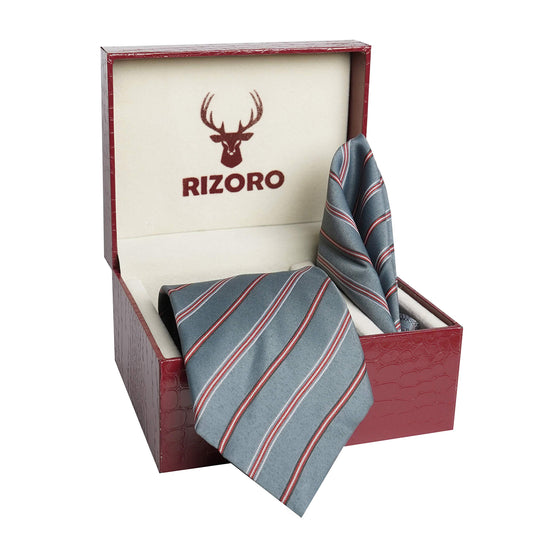 RIZORO Mens Plaid Stripped Silk Necktie Tie Gift Set With Pocket Square & Brooch Pin Formal Tie Set (S6RS, Free Size)
