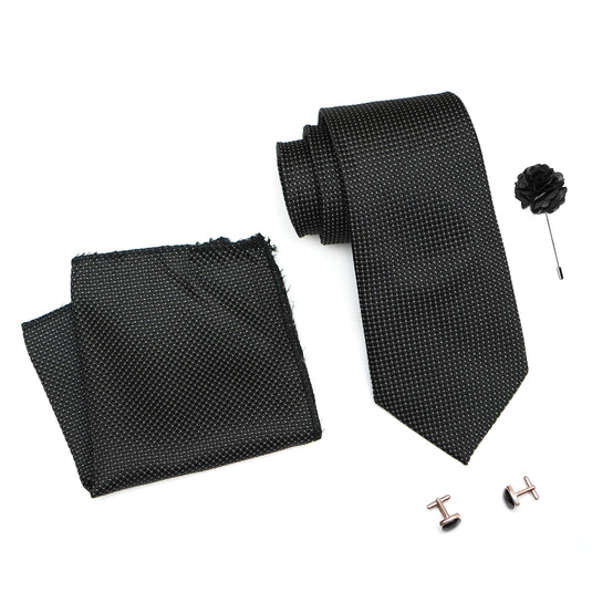 RIZORO Mens Plaid Dotted Silk Necktie Tie Gift Set With Pocket Square, Cufflinks & Brooch Pin Formal Tie With Leatherite Box (A10RB, Free Size)