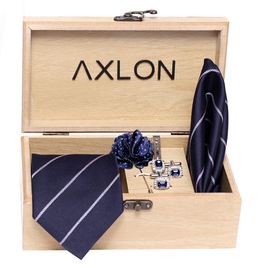 Axlon Men's Micro Polyester Necktie Set with Pocket Square, Brooch Pin and Cufflinks (Blue, Free Size)