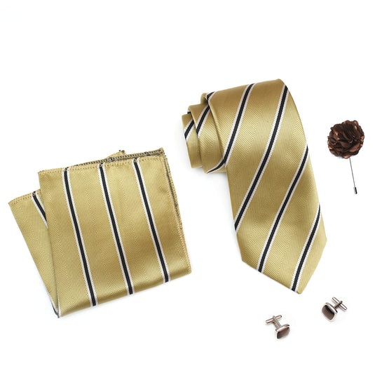 RIZORO Mens Plaid Stripped Silk Necktie Tie Gift Set With Pocket Square, Cufflinks & Brooch Pin Formal Tie With Leatherite Box (STRIPM3RB, Free Size)