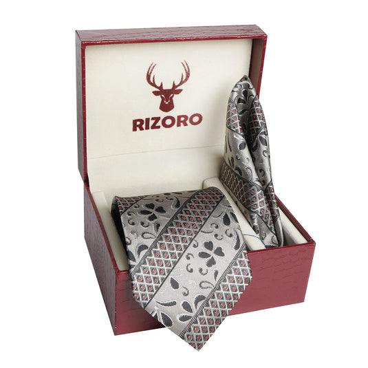 RIZORO Mens Plaid Pasiley Silk Necktie Tie Gift Set With Pocket Square & Brooch Pin Formal Tie Set (AS1RS, Free Size)