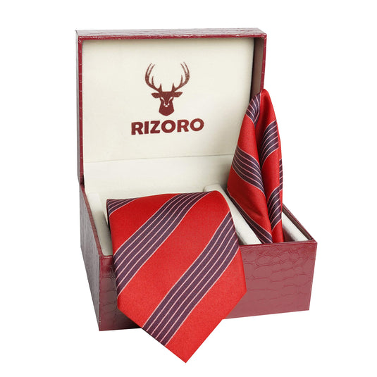 RIZORO Mens Plaid Stripped Silk Necktie Tie Gift Set With Pocket Square & Brooch Pin Formal Tie Set (S6RS, Free Size)