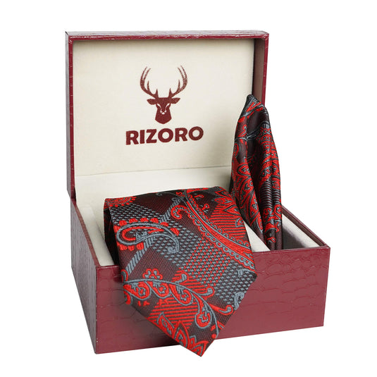 RIZORO Mens Plaid Pasiley Silk Necktie Gift Set With Pocket Square & Brooch Pin Formal Tie (AMBI6RS, Free Size)