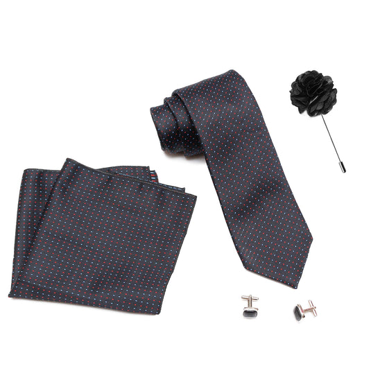 Axlon Men Formal/Casual Weaved Polyester Neck Tie Pocket Square Accessory Gift Set with Cufflinks and Brooch Pin - Black (Free Size, ltr_810)