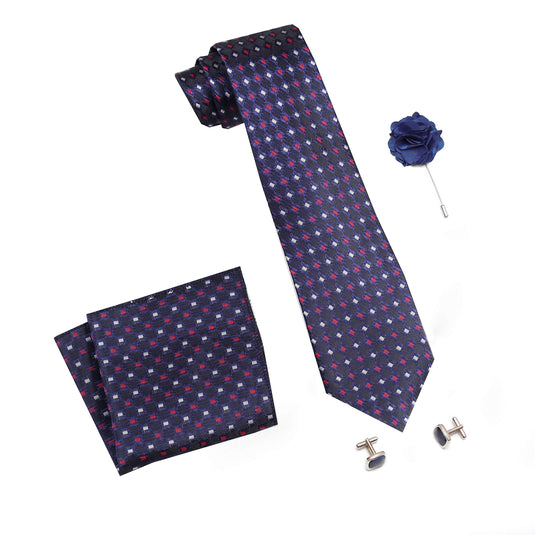 RIZORO Mens Plaid Dotted Silk Necktie Tie Gift Set With Pocket Square, Cufflinks & Brooch Pin Formal Tie With Leatherite Box (M2BGRB, Free Size)