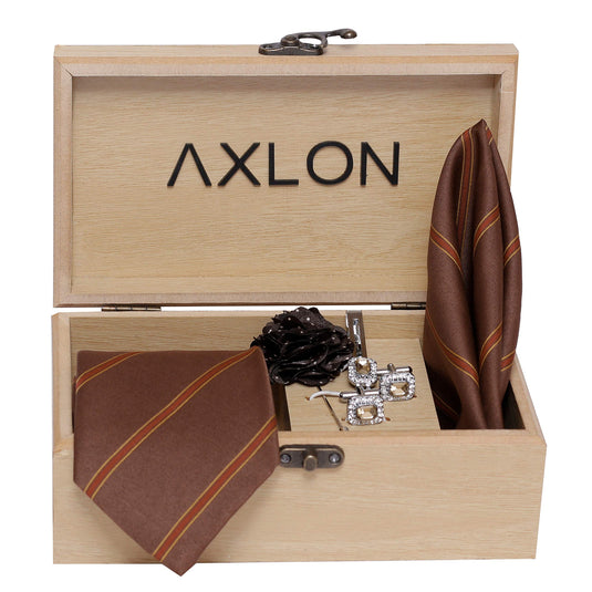 Axlon Men's Micro Polyester Necktie Set with Pocket Square, Brooch Pin and Cufflinks (Light Brown, Free Size)