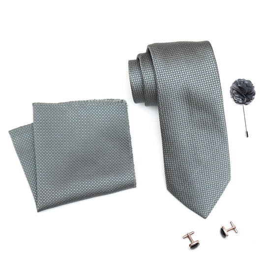 RIZORO Mens Plaid Dotted Silk Necktie Tie Gift Set With Pocket Square, Cufflinks & Brooch Pin Formal Tie With Leatherite Box (A10RB, Free Size)