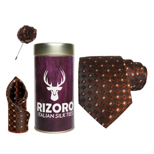 RIZORO Mens Plaid Dotted Silk Necktie Gift Set With Pocket Square & Brooch Pin Formal Tie Combo (M2BGRT, Free Size)