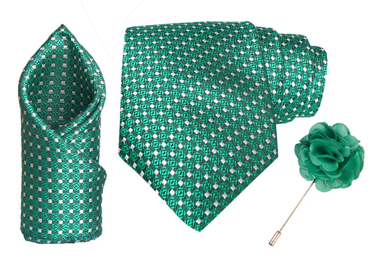 RIZORO Mens Plaid Dotted Silk Necktie Tie Gift Set With Pocket Square & Brooch Pin Formal Tie Set (A11RS, Free Size)